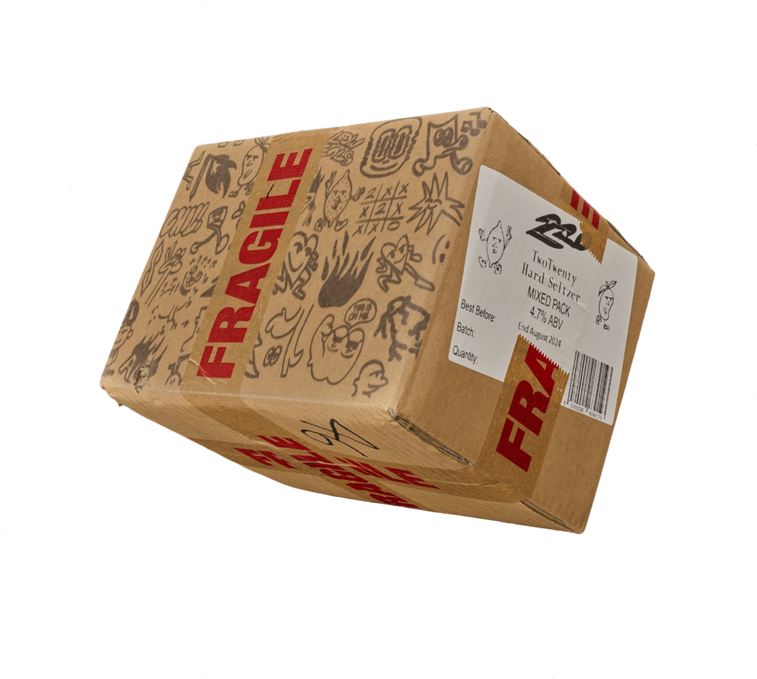 A sturdy cardboard box secured with tape marked with bold red 'FRAGILE' lettering to indicate it requires careful handling. A packaging label on the box features the text 'Two Twenty Hard Seltzer Mixed Pack,' identifying the contents inside.